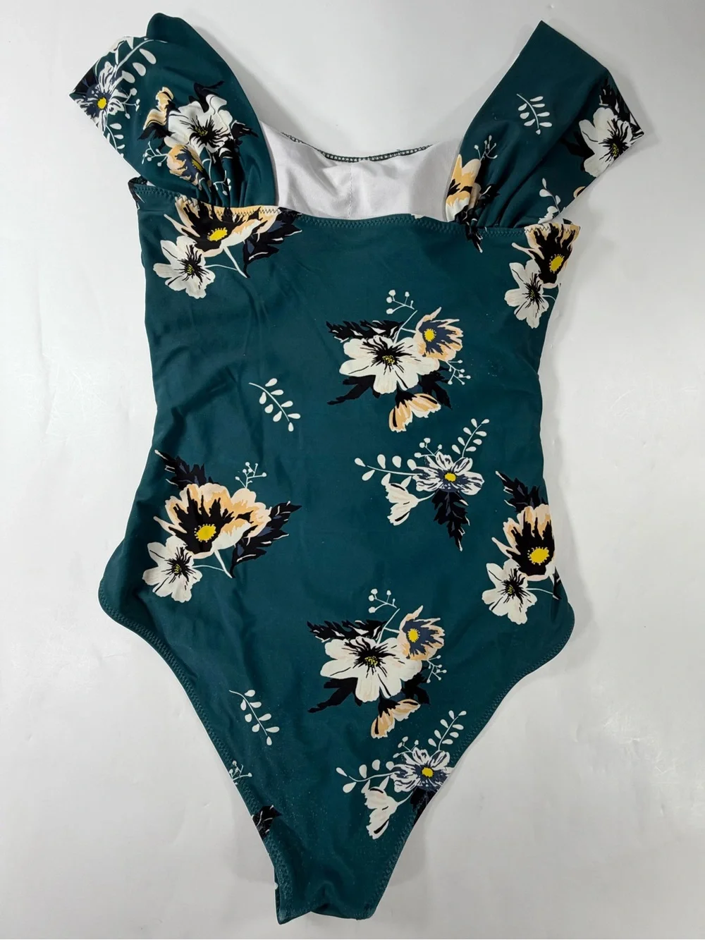 Cupshe Teal Floral Off Shoulder Ruched Tummy Control Swimsuit S